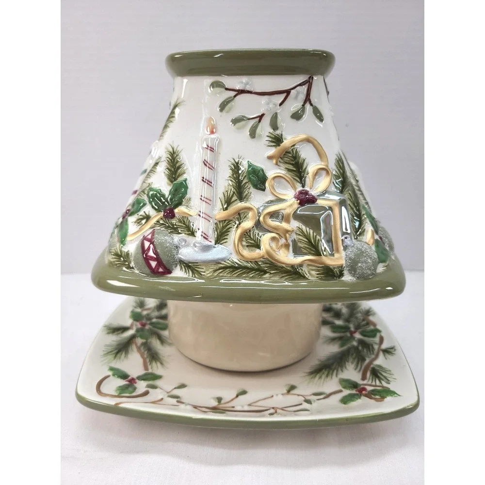 Yankee Candle Mistletoe Candle Jar Shade Holder w Plate Ceramic Holiday **READ**